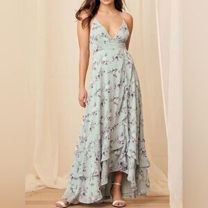 🦋 Lulu's In Love Forever Sage Green Floral High-Low Maxi Dress